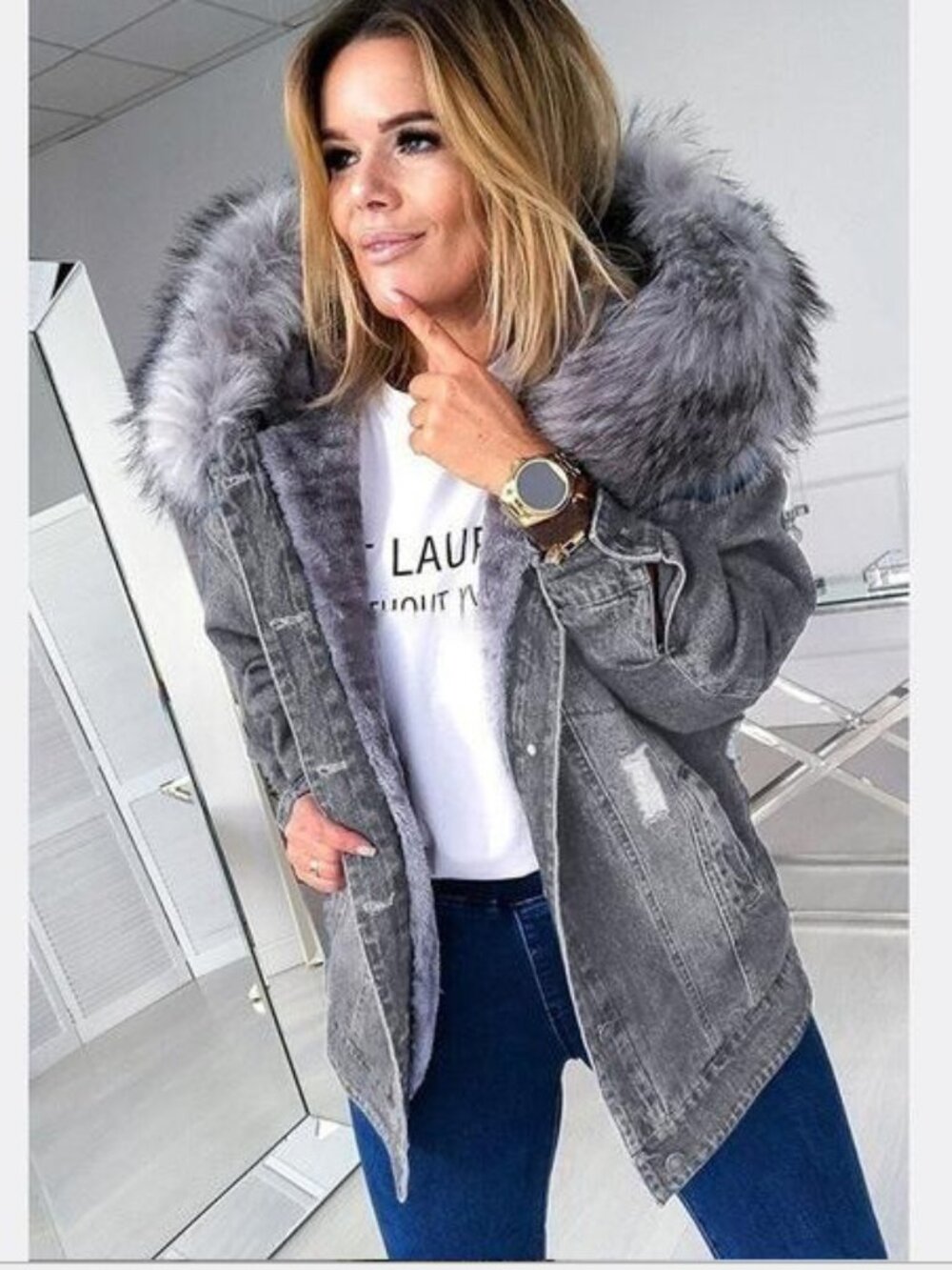 Women’s Gray Fur Collar Denim Padded Coat Plus Velvet Warm Stitching Jacket